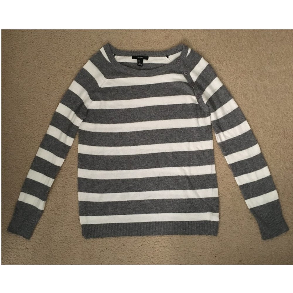 Forever21 Grey & White Striped Long-sleeve Sweater Top